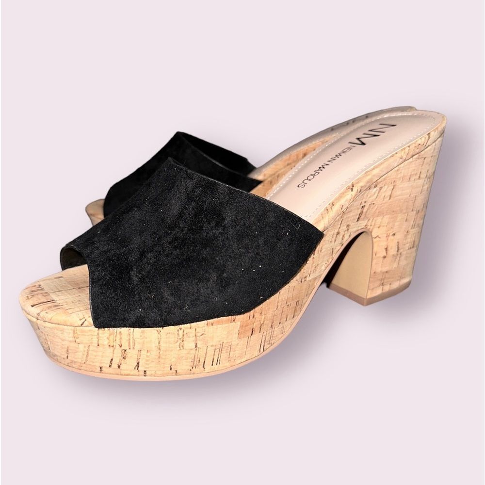 Neiman‎ Marcus Black Daki Suede Platform Mules Sandal Shoe Size US 8.5